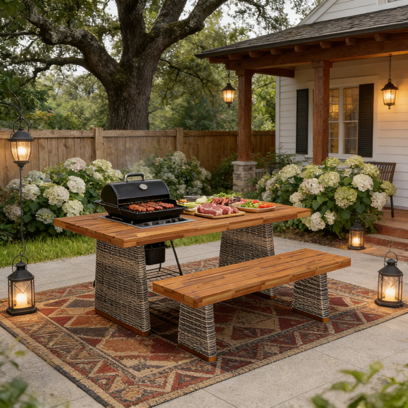 Ensemble de salle à manger d'extérieur en bois d'acacia avec table à lattes et banc pour une réception de patio durable et élégante.