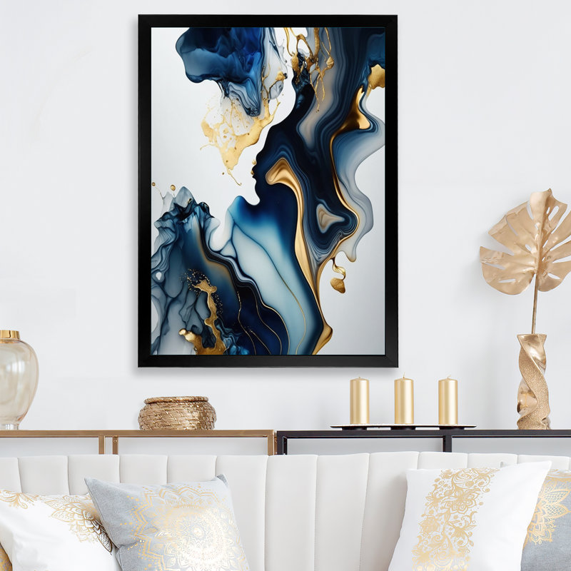 «Abstract Geode Marble Blue I», art mural abstrait en marbre, H 20 po x l 12 po, Toile avec cadre photo, Noir