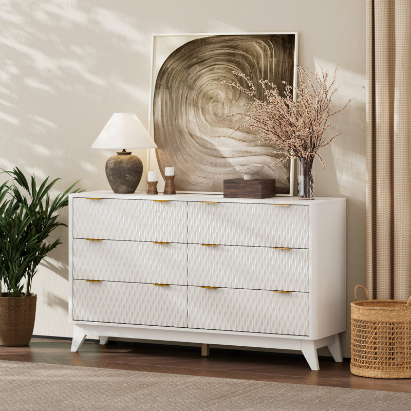 Commode 6 tiroirs cannelée, commode pour chambre à coucher en bois, armoire de rangement pour couloir, Blanc