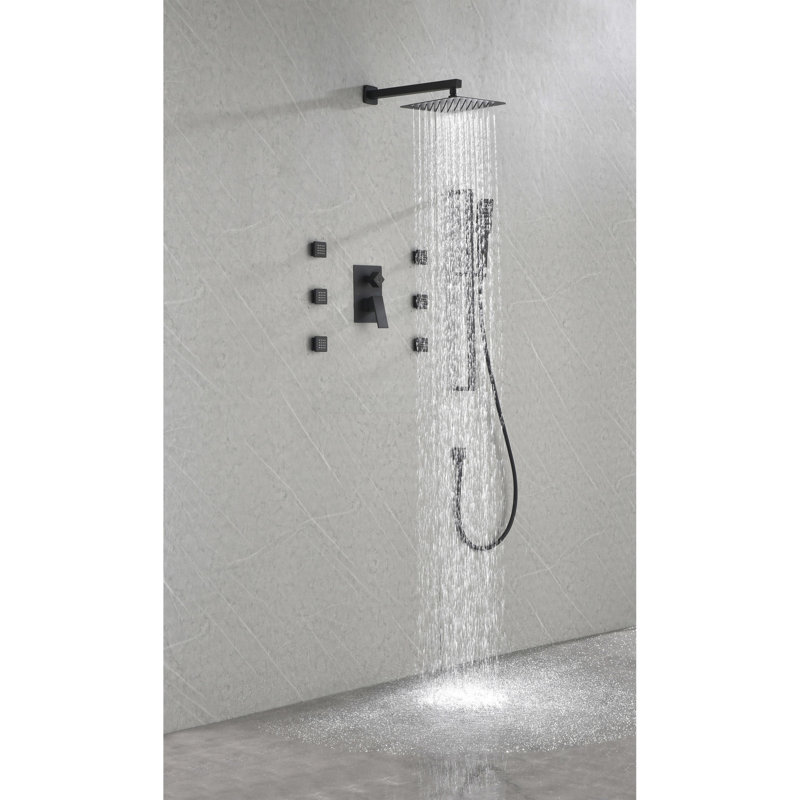 Structure de douche noir mat avec 6 jets pour le corps et douche à main, douchette pour appareil mural