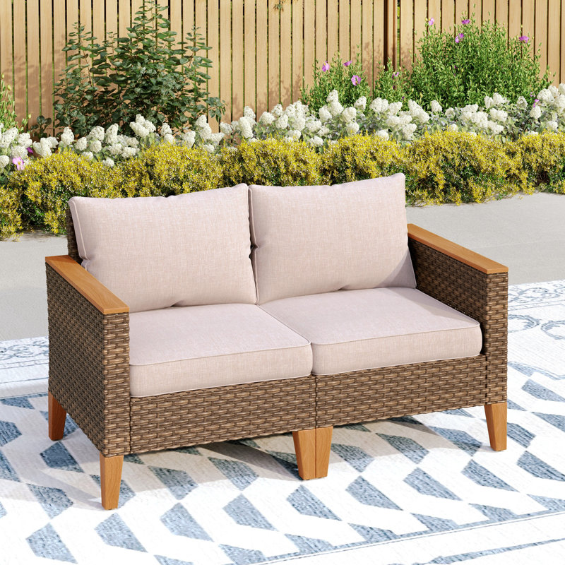 Salem Wicker Outdoor Patio Chairs with Single Armrest and Cushions, Cushion Pro Beige Performance Canvas