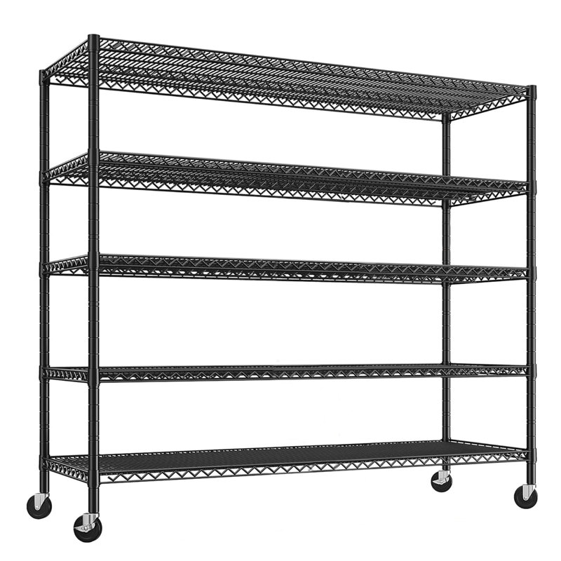 Étagère robuste à hauteur réglable avec roulettes, pieds de nivellement, Noir, (5 tablettes) H 82 po x l 60 po x P 18 po
