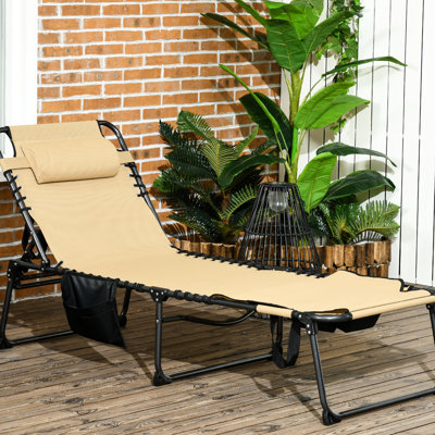 Chaise longue pliante, 5 positions inclinables, trou de lecture, poche latérale, beige pour l'extérieur