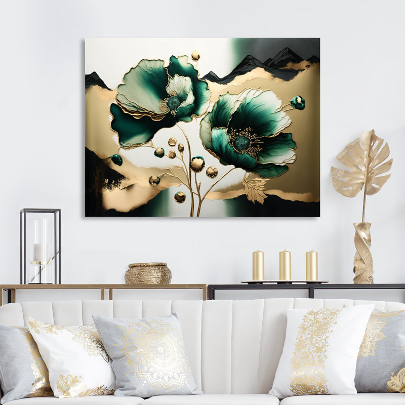 Or et vert coquelicot floral Euphoria I - coquelicots, art mural, H 12 po x l 20 po x P 1 po, Toile tendue