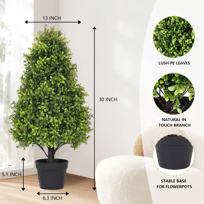 Artificial Topiary Boxwood Tree, Faux Shrub in Black Plastic Pot, Light Green, 30" H x 13" W x 13" D