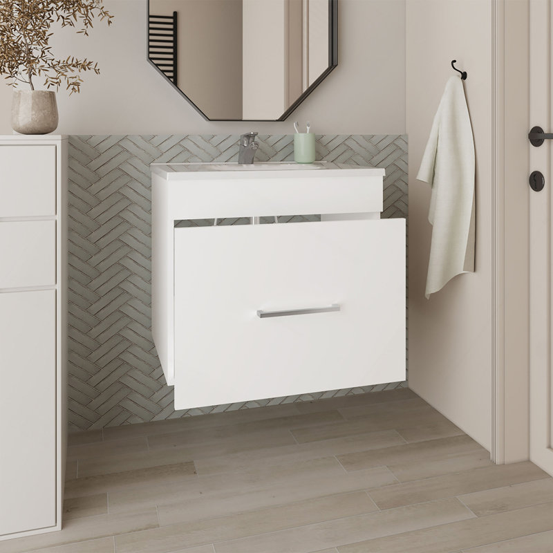 Meuble-lavabo de salle de bain avec lavabo, 1 tiroir, blanc, Blanc