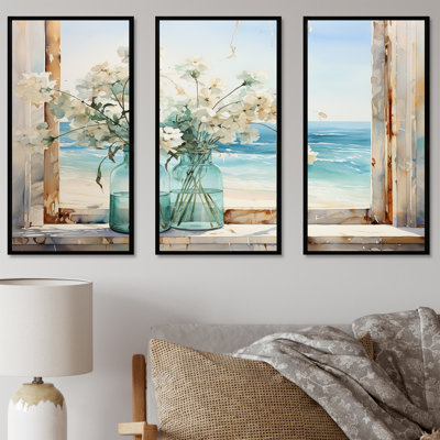 «Blue Window Beachfront View Blooms I» - art mural fenêtres côtières