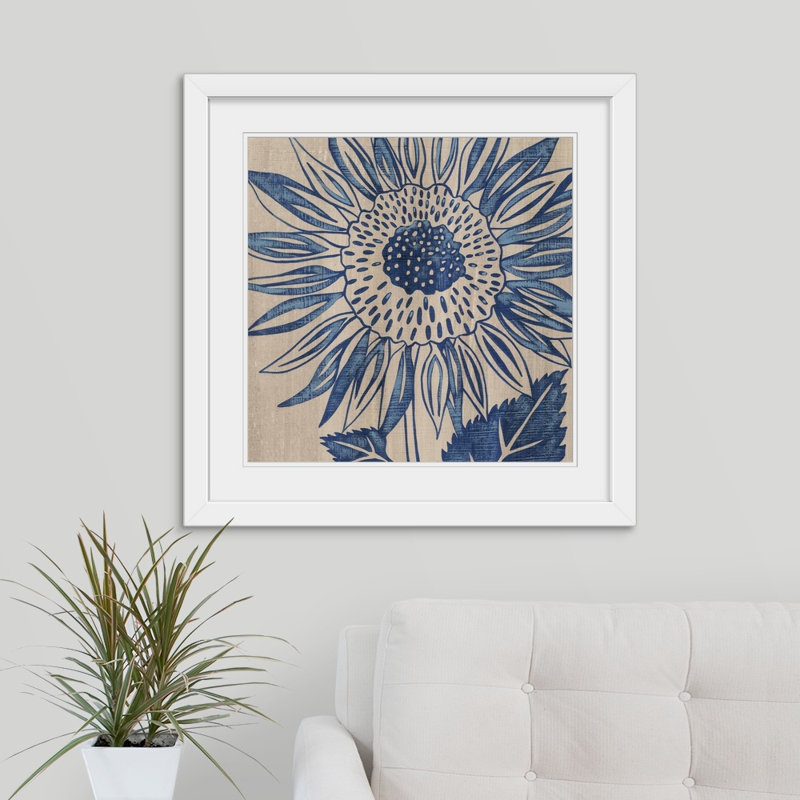Indigo tournesol - imprimé, Cadre blanc, H 28 x l 28 po x P 1 po