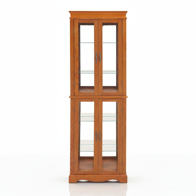 70" Tall Lighted Oak Curio Display Cabinet With 6-Tier Glass Shelves, Oak