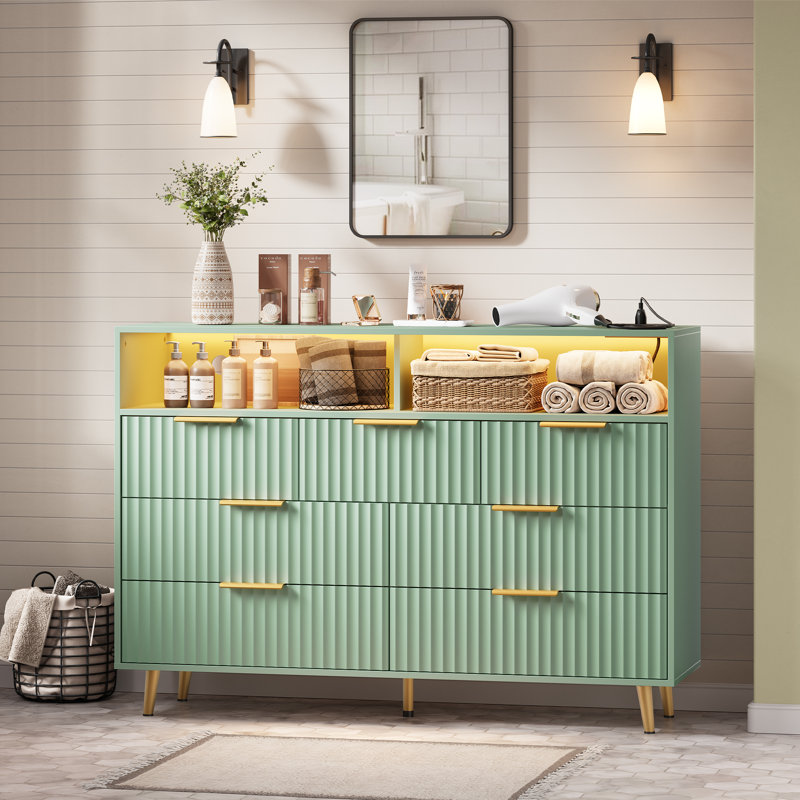 Commode 7 tiroirs pour la chambre à coucher, commodes de 53,9 po de largeur - Tiroirs en bois cannelé avec poignée dorée, commode moderne pour le salon, vert