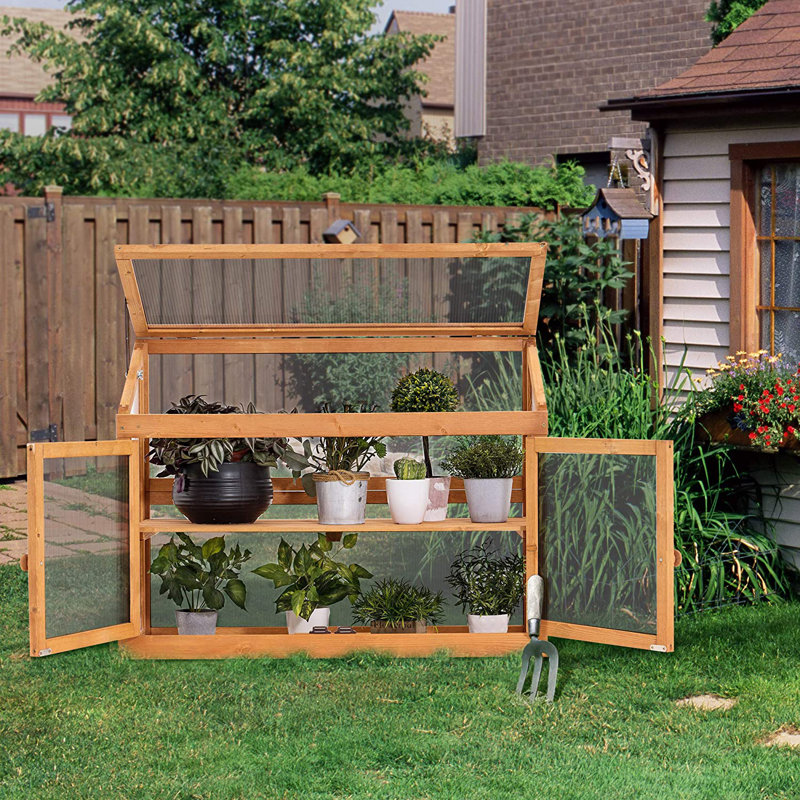 35.4" W x 14.6" D 2-Tier Wooden Cold Frame Garden Greenhouse, Medium Yellow