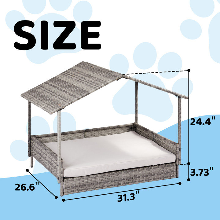 Gray Wicker Elevated Dog House with Canopy and Cushion