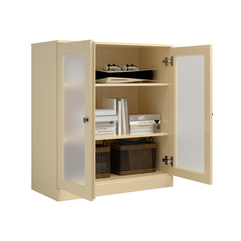 Meuble télé 100% bois massif avec portes en verre givré et tablettes réglables pour téléviseur de 32 po ou moins, Jaune