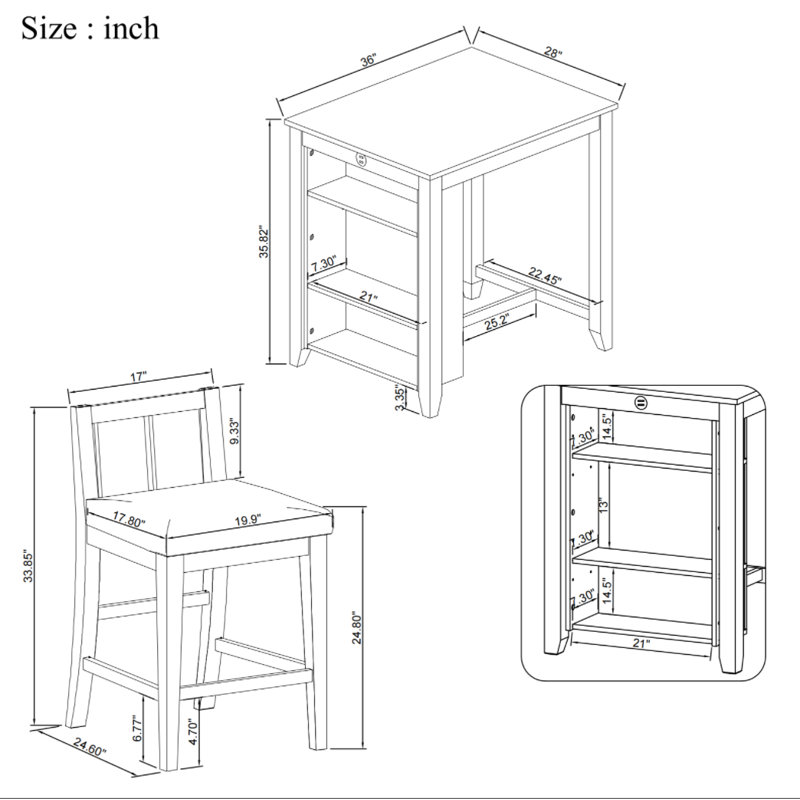 3 Pc Counter Ht Set (1 Table + 2 Chairs)  , White