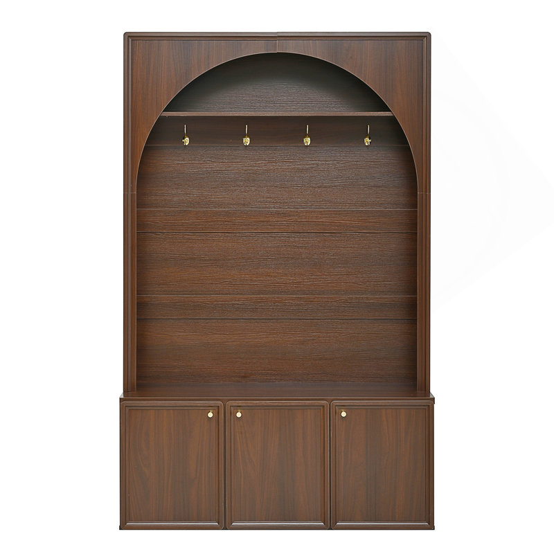 Farmhouse All-in-One Hall Tree with Adjustable Shelves, Retro Arched Entryway Storage Bench with 3 Cabinets and 4 Hooks