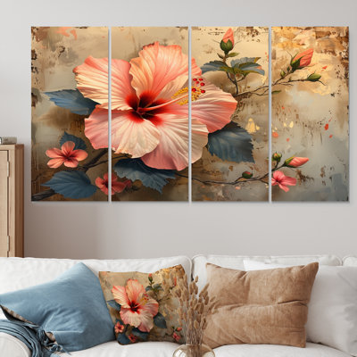 Hibiscus rétro rose et beige, fragiles beauté - ensemble d'art mural sur toile Hibiscus