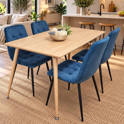 Wood Dining Table Set with 4 Velvet Chairs Kitchen Dining Furniture Set