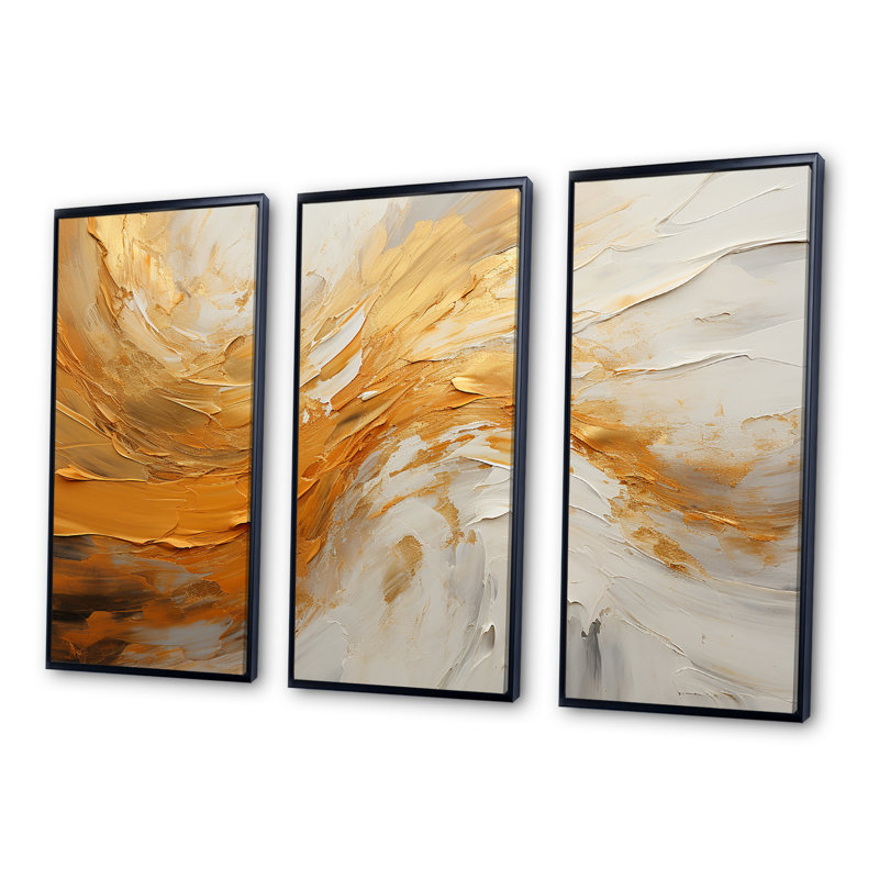 «Gold and Beige Soft Wave Paint I - Abstract Shapes», ensemble de reproduction d'art mural, Cadre flottant noir