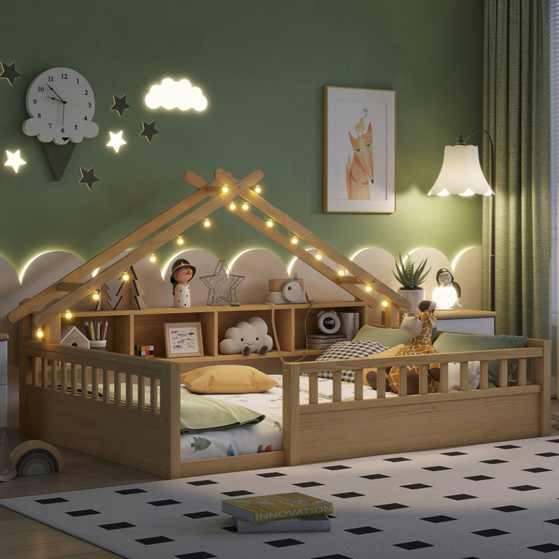 Lit en bois avec bibliothèque et lumière, Naturel, Lit double