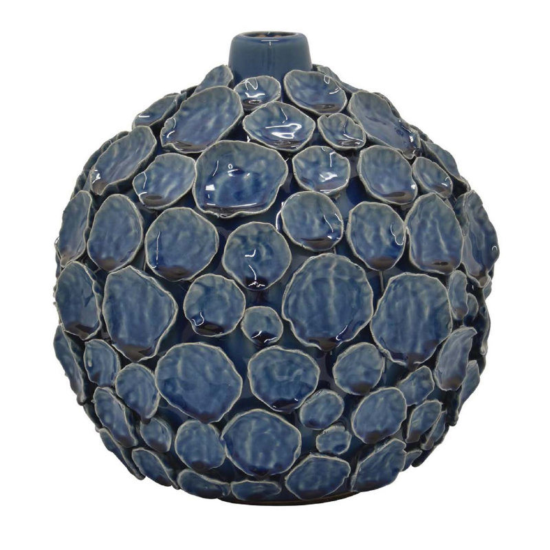 Remus Accent Vase With Raised Pebble Pattern, Glazed Blue Ceramic