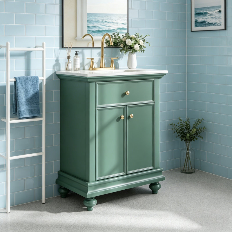 Armoire de meuble-lavabo contemporaine 24 po avec lavabo en céramique intégré, unité de rangement autoportante avec 2 tiroirs et tablette réglable personnalisable