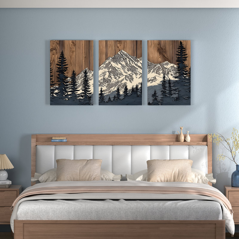 Paysage de montagne avec pin, art mural tendu sur toile, impression de texture de bois rustique (ensemble de 3)