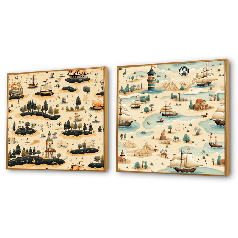 Allese - Ensemble de 2 collages carrés abstraits, H 16 po x l 33 po, Cadre flottant doré