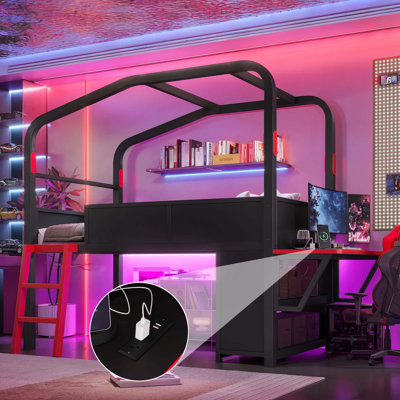 Lit mezzanine bas en métal avec bureau latéral, ports USB, lumières DEL, armoires de rangement et auvent