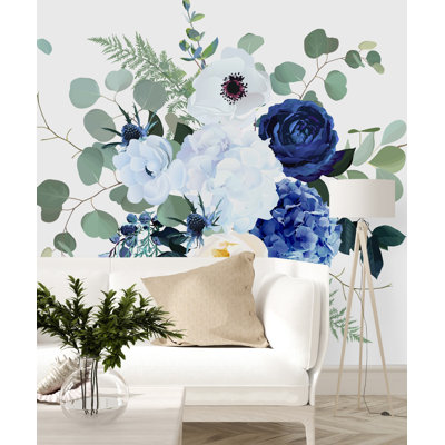 Carreau de papier peint adhésif floral bleu L 10,4 pi x l 125 po