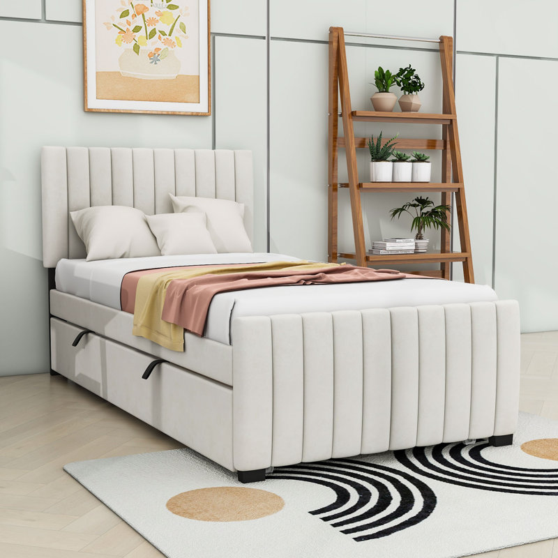 Lit plateforme tapissier avec lit gigogne et tête de lit, Beige, Simple