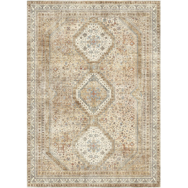 Medallia Geometric Diamond Medallion Beige / Brown Indoor Oriental Performance Area Rug,Machine Washable,with Non-Slip Backing
