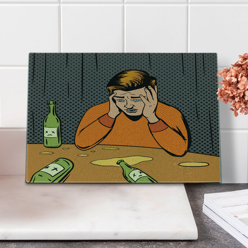 Ambesonne Comic Tempered Glass Cutting Board Drunk Man and Empty Bottles Multicolor