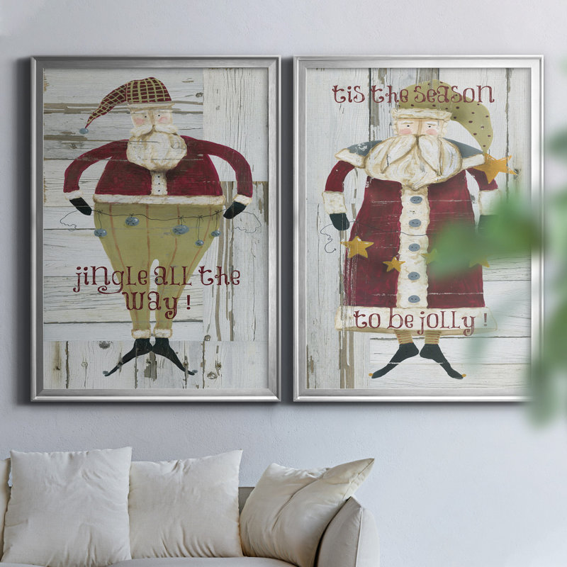 Jingle Santa - ensemble de 2 reproductions, Pas de tapis, Toile encadrée argentée, H 18,5 po x l 49 po x P 1,5 po