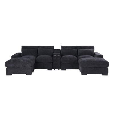 4 chaises en flanelle rembourrées en U de couleur mi-ferme et gris foncé avec deux repose-pieds, console et porte-gobelets intégrés, siège pour repose-pieds,