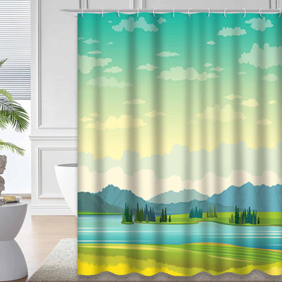 Calm Blue Lake Green Grass Mountains Sky Summer Shower Curtain with 12 Hooks