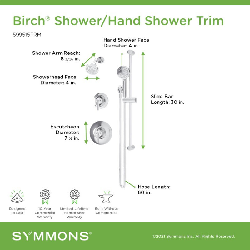 Birch HydroMersion Double Handle Shower Trim Kit with Hand Spray, Polished Chrome