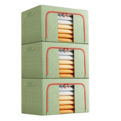 Ensemble de 3 bacs de rangement empilables de 100 L avec poignées et fermeture à glissière, structure métallique, boîte de rangement pliable avec couvercle pour linge de lit, couvertures et serviettes.