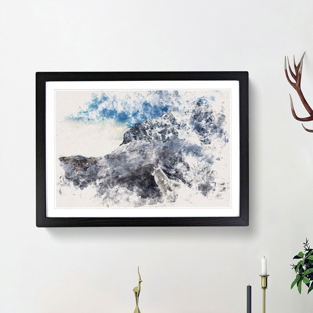 White Wolf with a Mountain Landscape - Framed Print