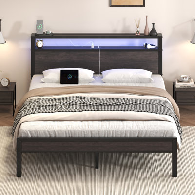 Full Metal Platform Bed with 2-Tier Headboard, RGB LED Lights & Charging Station, Easy Assembly, Gray