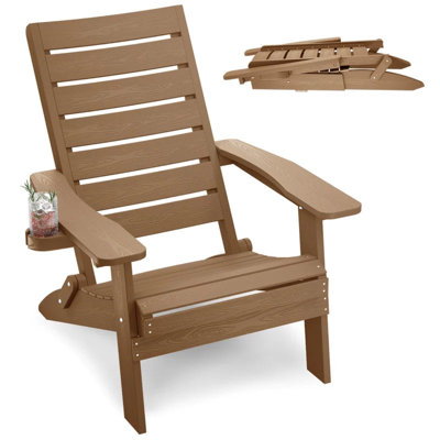 Outdoor Folding Adirondack Chair All Weather HIPS Oversized Fire Pit Chair with Cup Holder Plastic Adirondack Chair for Patio, Garden, Lawn, Pool, Teak