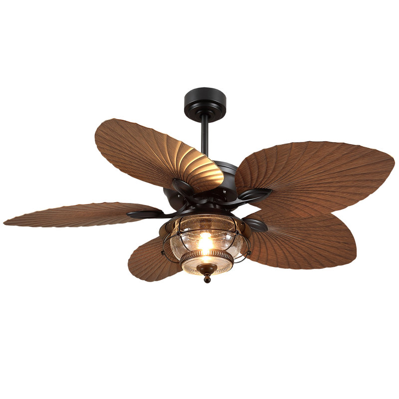 52" Tropical Brown Leaf 5-blade Ceiling Fan with Light and Remote, Outdoor Waterproof Palm Leaf Ceiling Fan,6 Speeds, Brown