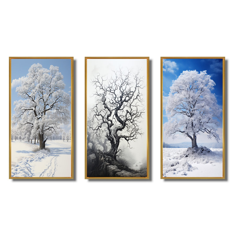 «White Tree Winters Grace», 3 pièces sur toile, Encadrement doré, H 40 po x l 60 po