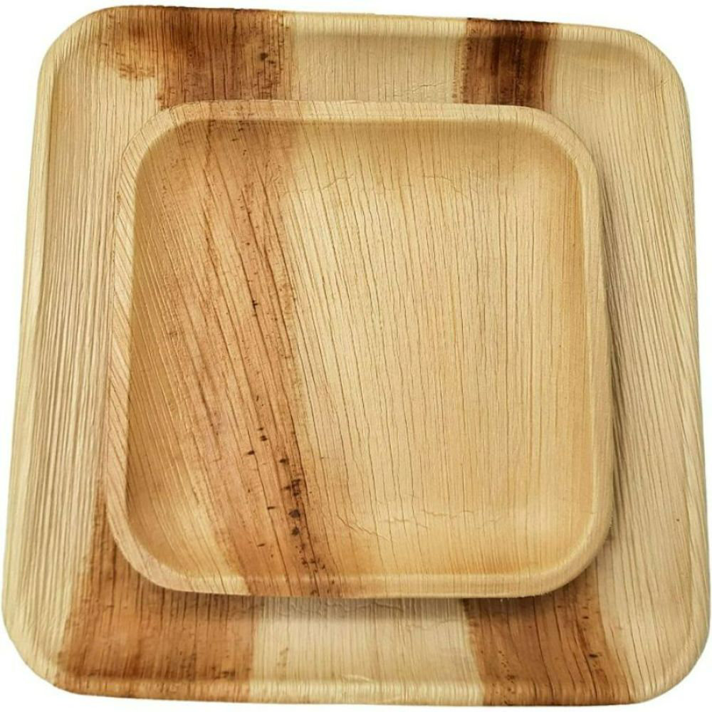 100 Buffet Plates + 100 Cake Plates Square Palm Leaf Eco Friendly Disposable Dinnerware Value Set