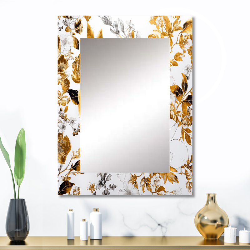 Floral doré, fleurs, fleurs blanches sauvages II - miroir mural, 32 po x 24 po