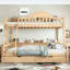 Lit simple superposé au dessus d'un lit double avec rangement, garde-corps courbés et tablettes latérales, structure en bois massif, aucun sommier nécessaire, finition naturelle-134275276-134275274