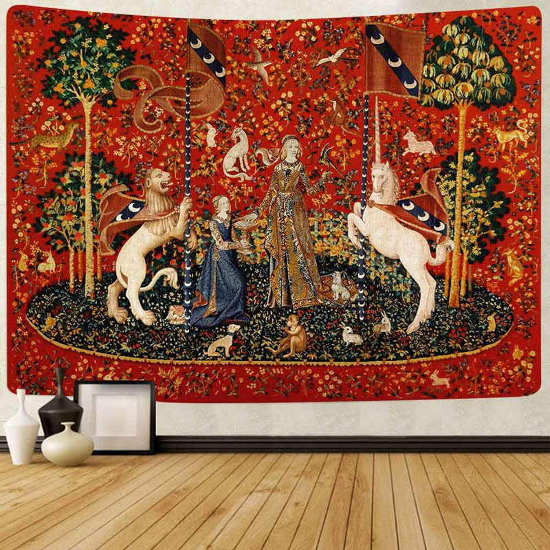 Medieval Lady Tapestry European Royal Tapestry Lady And Unicorn Tapestry For Bedroom Living Room Apartment Dorm Decor Wall Hanging Tapestries 80X60 Inches GTDSAY76