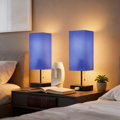 Ensemble de 2 lampes de chevet avec prises CA et ports USB, lampe de bureau à DEL à intensité variable à 3 voies avec chaîne de traction, comprend un abat-jour en tissu pour la table de chevet et le salon