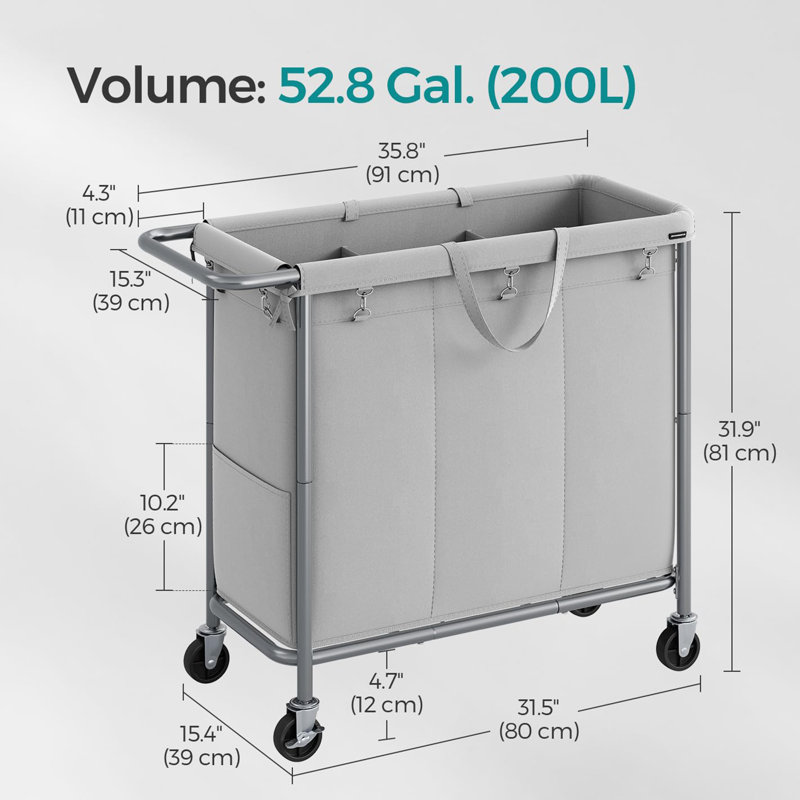 3-section Rolling Laundry Hamper, Dove Gray