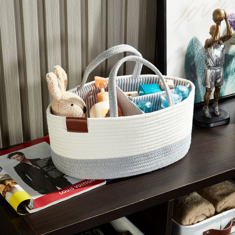 Panier de rangement pour enfant avec corde et poignées de séparation amovibles, Gris / blanc, H 6,7 po x l 16 po x P 9,8 po
