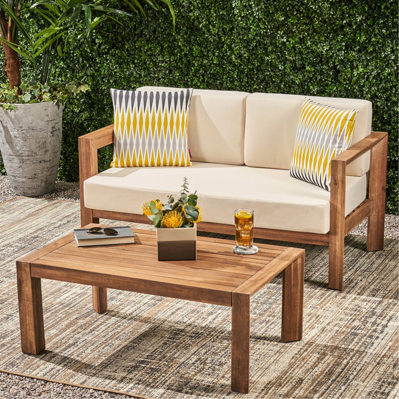 Table basse en bois et bois, coussins, dossier ouvert élégant avec lattes, beige et brun: table confortable, -